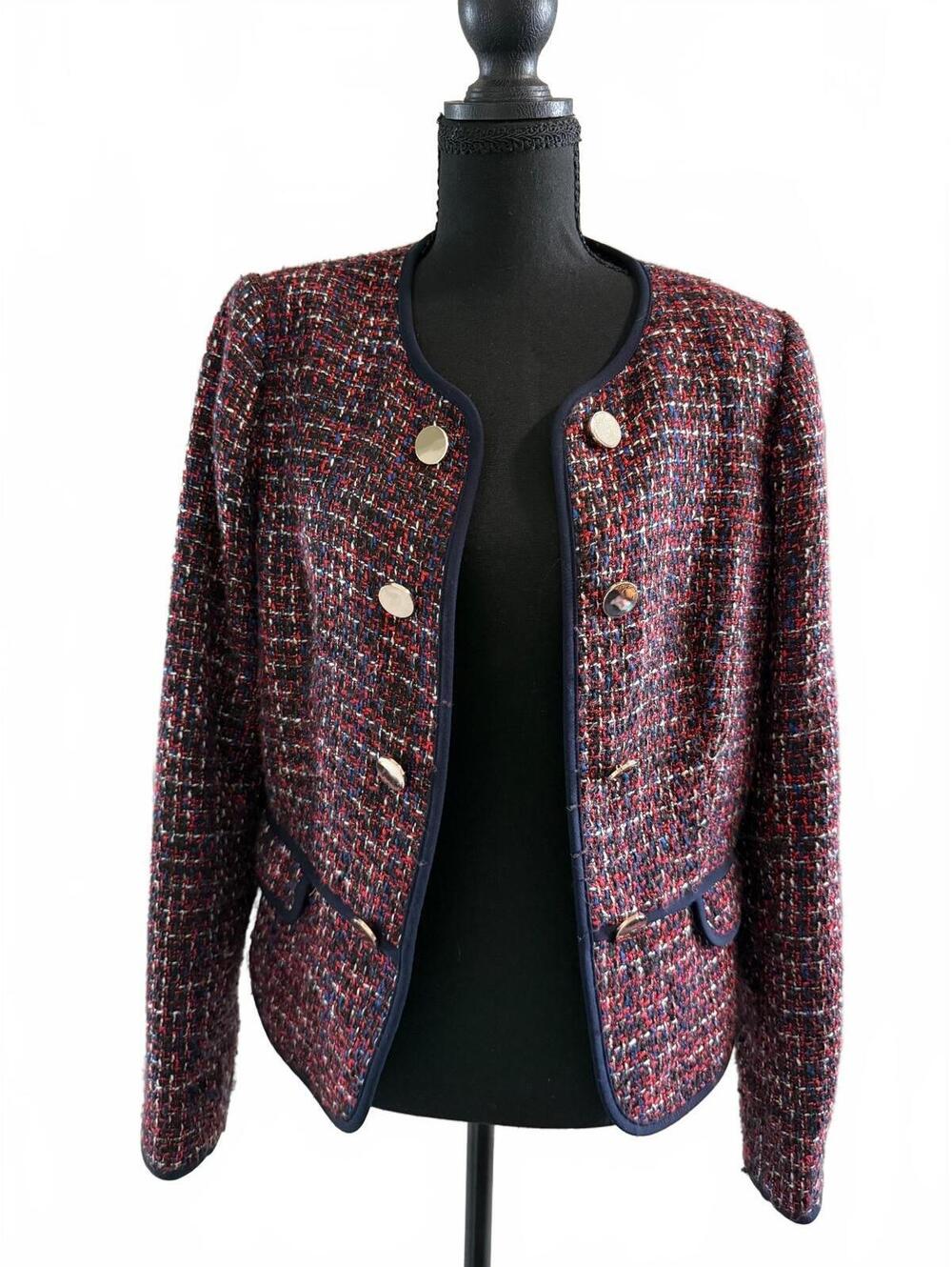 Tommy Hilfiger Tweed Jacket Blazer Navy Red White Gold Button Size 10